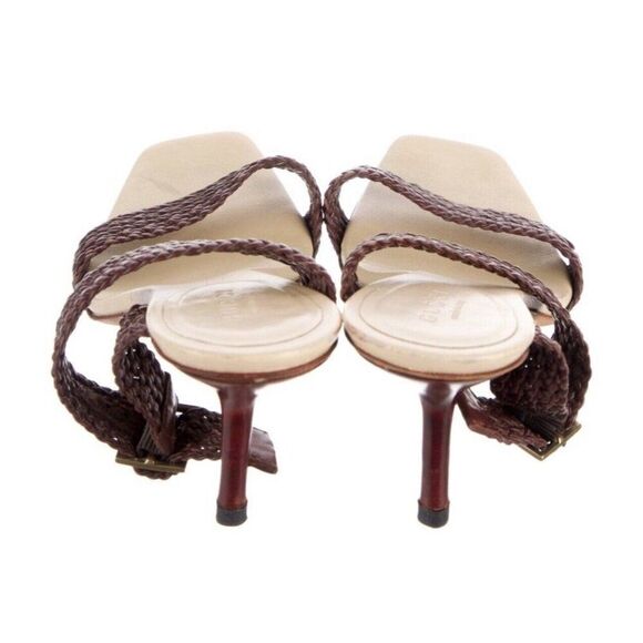 Gucci Authentic Brown Beige Leather Braided Medium Heel Sandals Slides 7 C - Picture 4 of 8
